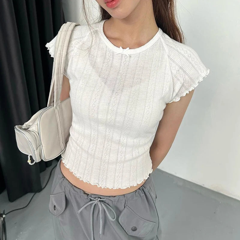 Causal White Knitted Slim Women T shirt Frills Basic Crop Top Short Sleeve Korean Fashion Cute Thin Summer Tee Shirts