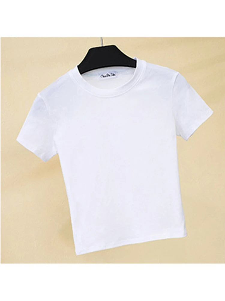 Green Crop Top T-Shirt Female Solid Cotton O-Neck Short Sleeve T-shirts for Women High Waist Slim Short Sport Femme T-Shirt