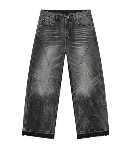 Men's Jeans New Summer American Style Washed Cat Whiskers Design Curved Knife Wide Leg Trendy Casual Male Clothing 9W1687