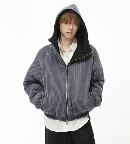 Personalized Men's Padded Coats Hooded Striped Reversible Design Thickened Shorts Casual Male Jackets New Winter 9C8730