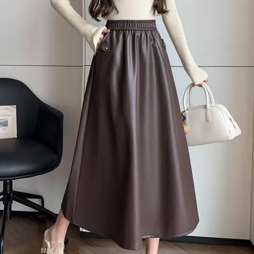 Load image into Gallery viewer, Autumn Winter French Vintage Brown Temperament Pu Leather Skirts For Woman Black Slim Elegant High Waisted Pleated Skirt Fashion
