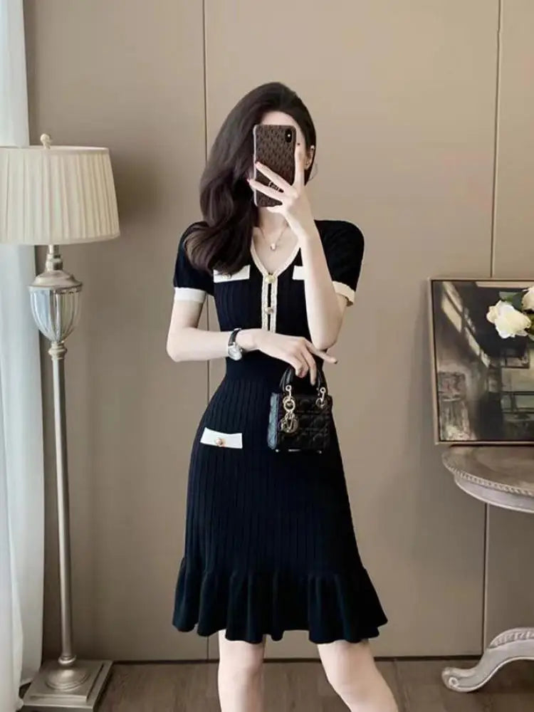Summer Korean Patchwork V-neck Slim Ruffled Edge Pleated Short Sleeve Midi Dress Women Retro Holiday Wrap Hip Knitted Dress Chic