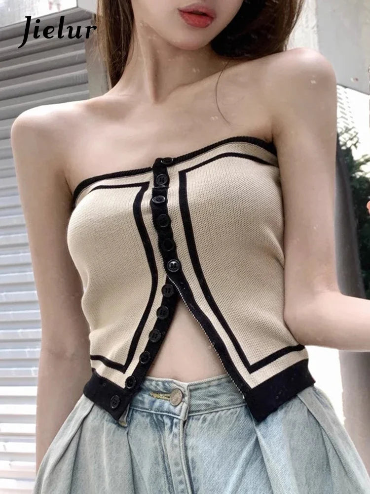 Spell Color Sexy Fashion Female Tanks Knitted Single Breasted Slim Slight Stretch Casual Women's Camis Simple Streetwear