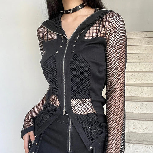 Load image into Gallery viewer, Harajuku Gothic Rivet Fishnet Top Cardigan Zip Up Streetwear Party T shirt for Women Hollow Out Dark Academia Outfits
