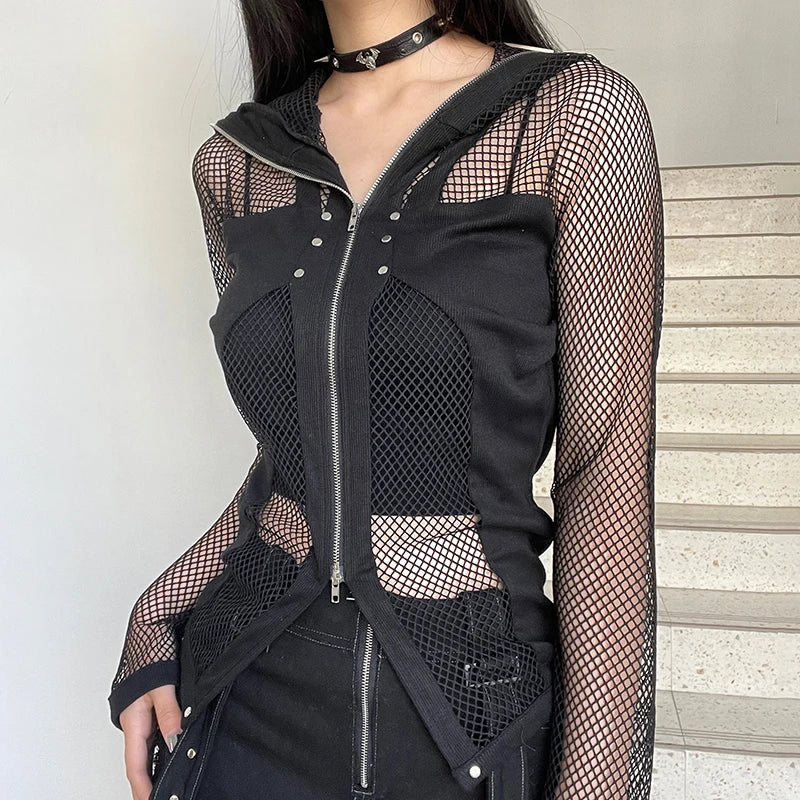 Harajuku Gothic Rivet Fishnet Top Cardigan Zip Up Streetwear Party T shirt for Women Hollow Out Dark Academia Outfits
