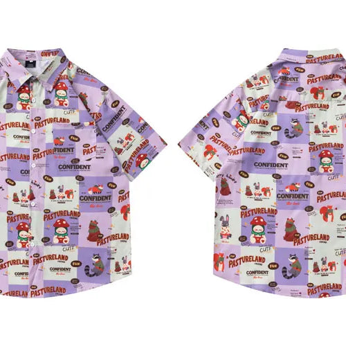 Load image into Gallery viewer, Summer Harajuku Shirts Harajuku Cartoon Graphic Printed Button Up Beach Blouse Streetwear Men Casual Baggy Short Sleeve Tops
