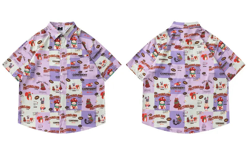 Summer Harajuku Shirts Harajuku Cartoon Graphic Printed Button Up Beach Blouse Streetwear Men Casual Baggy Short Sleeve Tops