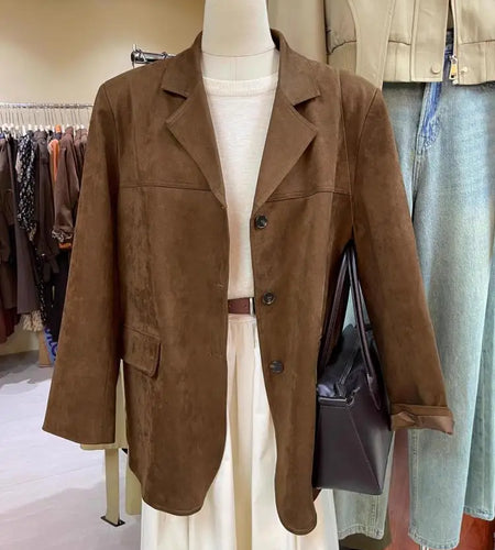 Autumn Yellow Elegant Temperament Office Lady Blazer Woman 2024 Brown Fashion Long Sleeve Single Breasted Tops Coat New Clothing