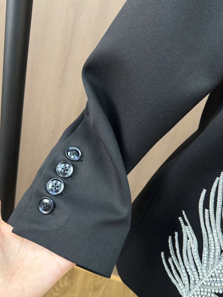 Hit Color Patchwork Feather Chic Blazer For Women Notched Long Sleeve Spliced Pockets Elegant Coats Female Fashion