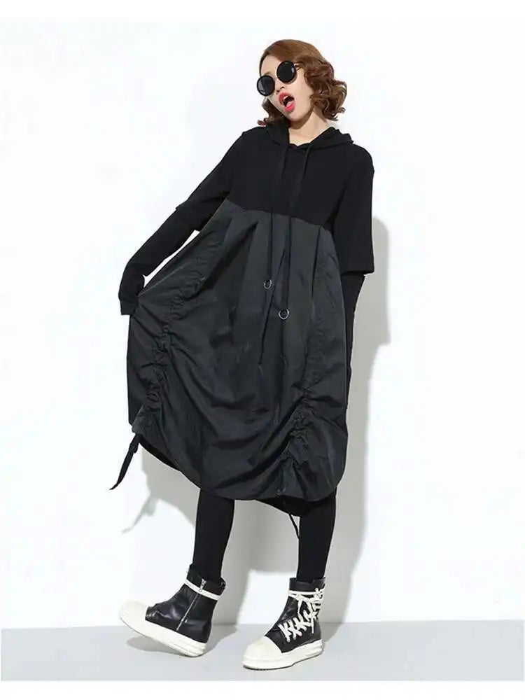 Women Black Drawstring Hollow Out Big Size Irregular Dress New Hooded Long Sleeve Fashion Tide Spring Autumn 2025 JD076