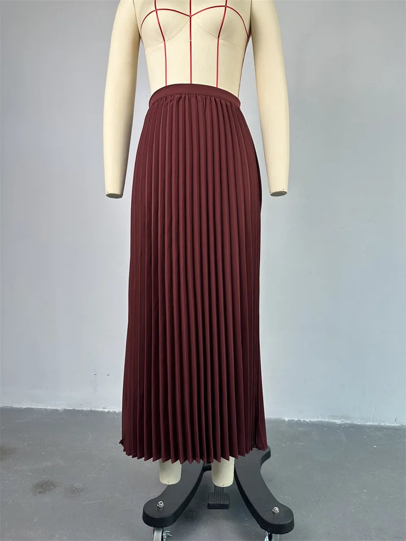 Fashion Skirt Two Piece Sets Women Notched Collar Sleeveless Crop Tops And Midi Skirt Femme Elegant Pleated Skirt Sets