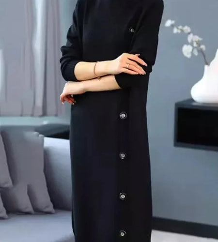 Simple Black Knitting Casual Autumn Sweater Dresses for Women 2025 Winter Long Sleeves Buttoned Woman Elegant Dresses