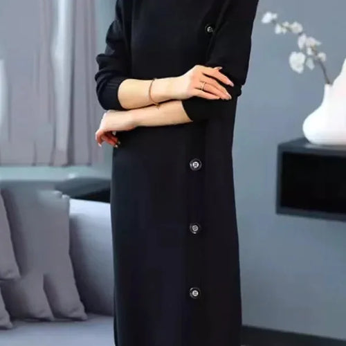 Load image into Gallery viewer, Simple Black Knitting Casual Autumn Sweater Dresses for Women 2025 Winter Long Sleeves Buttoned Woman Elegant Dresses
