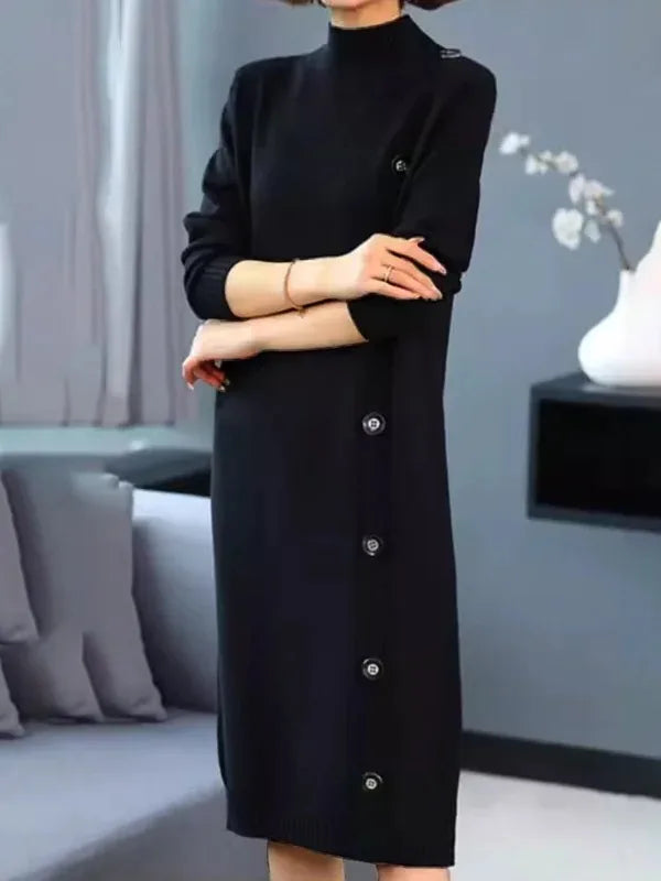 Simple Black Knitting Casual Autumn Sweater Dresses for Women 2025 Winter Long Sleeves Buttoned Woman Elegant Dresses