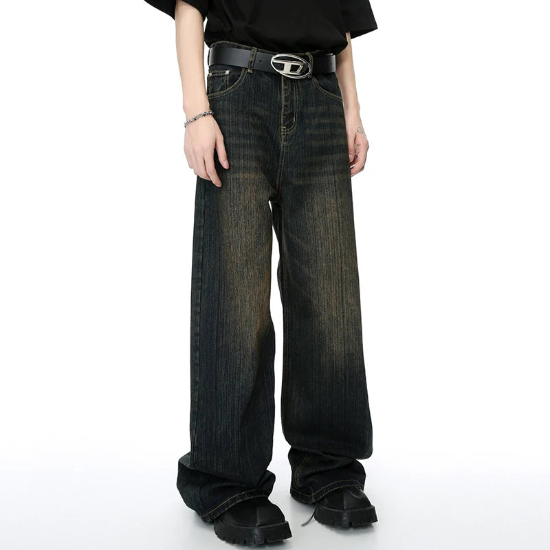 Worn Out Men's Jeans Retro Washed Male Straight Denim Trousers Trendy Gradient Color Wide Leg Pants Spring  9C4274