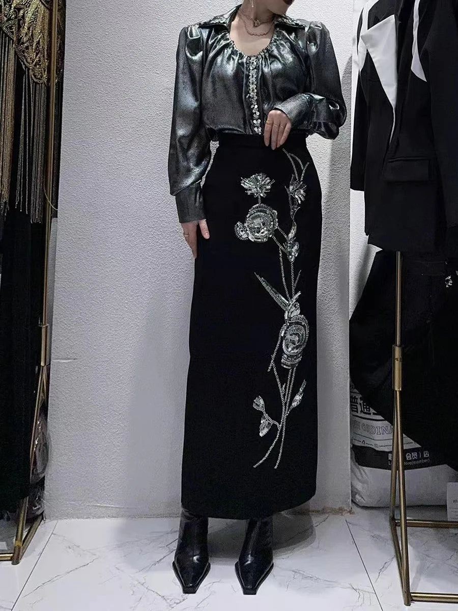 Hit Color Spliced Diamonds Two Piece Set For Women O Neck Short Sleeve Top High Waist Skirt Sets Female Fashion New