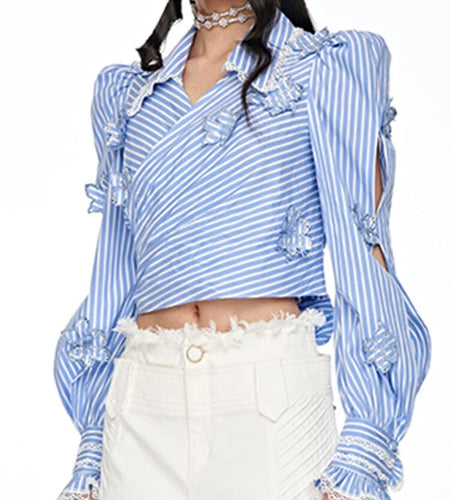 Colorblock Striped Slimming Shirts For Women Lapel Puff Sleeve Crisscross Binding Casual Blouses Female Fashion