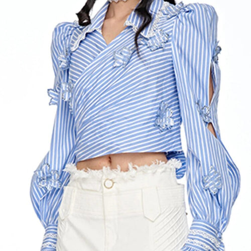 Load image into Gallery viewer, Colorblock Striped Slimming Shirts For Women Lapel Puff Sleeve Crisscross Binding Casual Blouses Female Fashion
