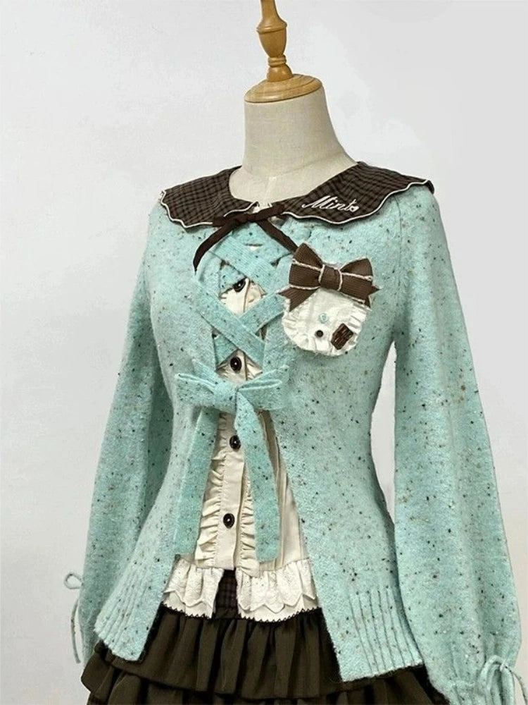 Japanese Sweet Lolita Cardigans Women Y2k Aesthetic Hollow Out Bandage Sweater Kawaii Bow Pocket 2025 Casual Streetwear JK Tops