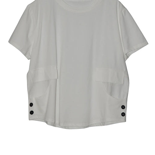 Load image into Gallery viewer, Women Black Pocket Button Big Size Casual T-shirt New Round Neck Short Sleeve Fashion Tide Spring Summer 2025 1DJ1616
