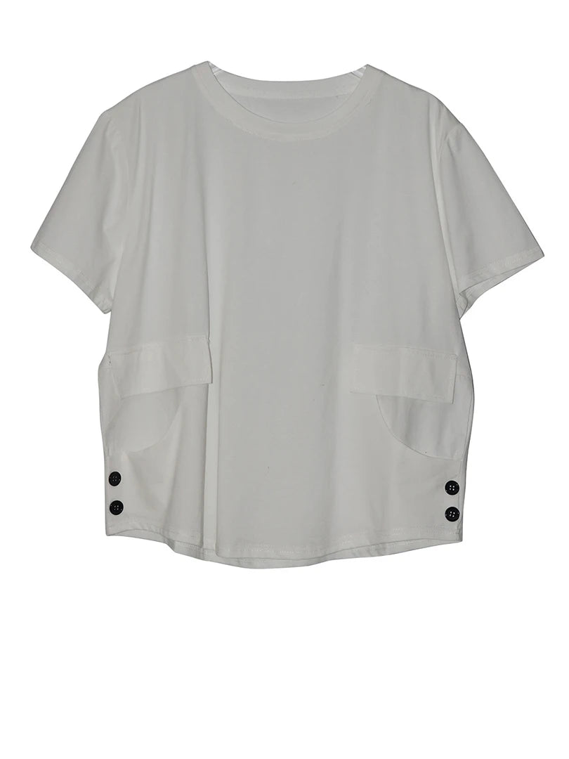 Women Black Pocket Button Big Size Casual T-shirt New Round Neck Short Sleeve Fashion Tide Spring Summer 2025 1DJ1616