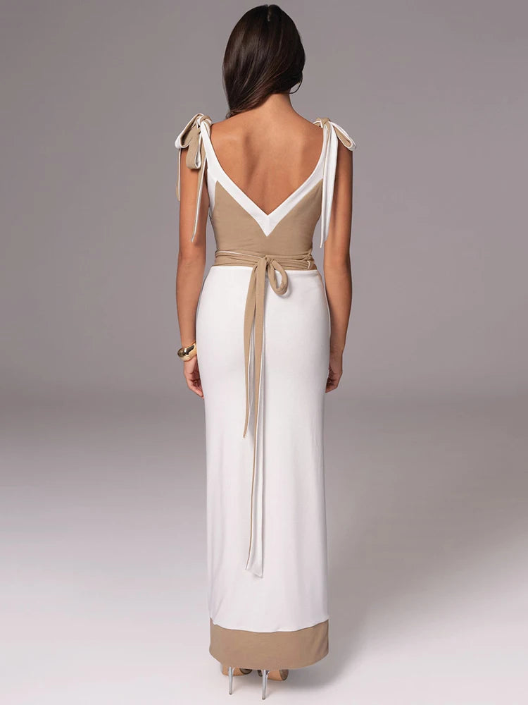 Patchwork Backless Sexy Maxi Dress  Women Fashion Spaghetti Strap V Neck Sleeveless High Split Sexy Long Dress Elegant