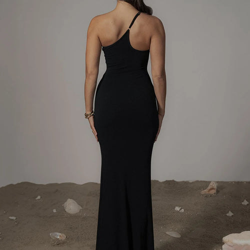 Load image into Gallery viewer, Patchwork One Shoulder Sexy Maxi Dress For Women Black Off-shoulder Backless Bodycon Club Party Evening Long Dress
