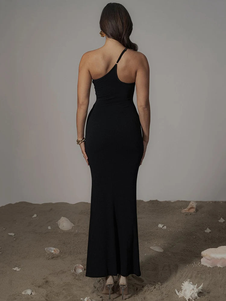 Patchwork One Shoulder Sexy Maxi Dress For Women Black Off-shoulder Backless Bodycon Club Party Evening Long Dress