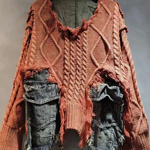 Load image into Gallery viewer, Orange Denim Big Size Knitting Sweater Round Neck Long Sleeve Women Pullovers New Fashion Tide Spring Autumn 2025 16U1329
