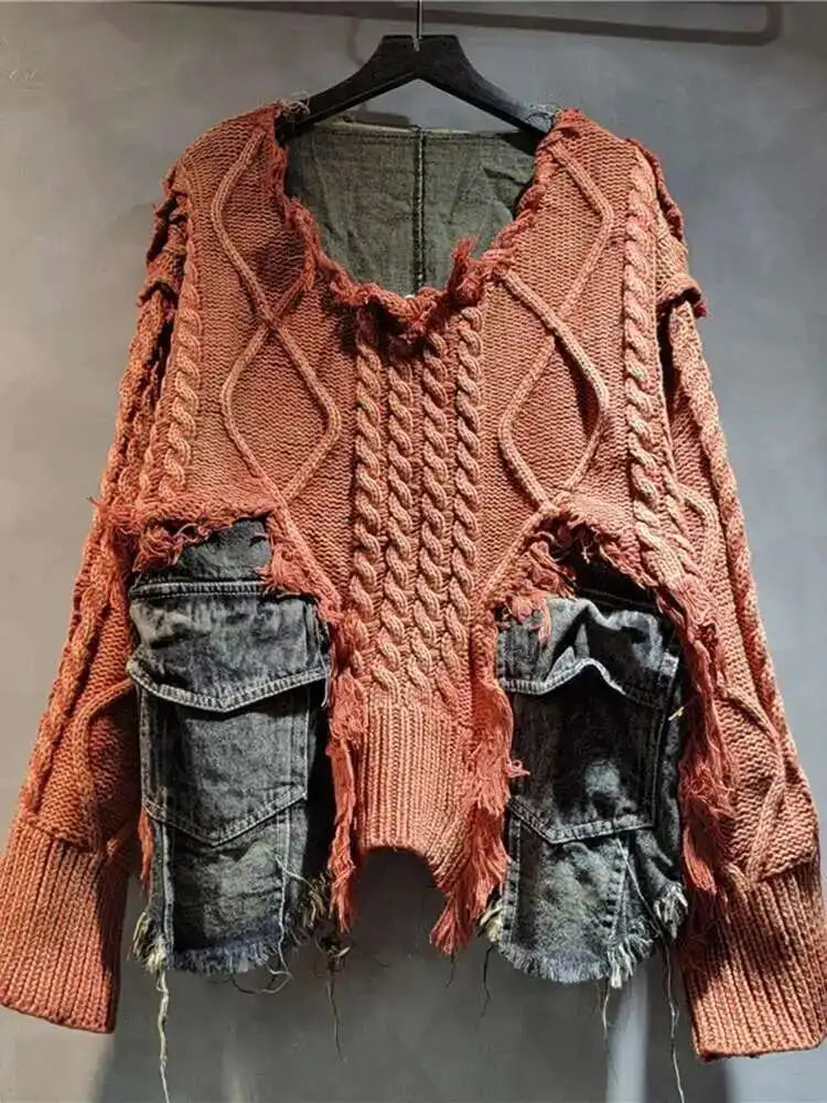 Orange Denim Big Size Knitting Sweater Round Neck Long Sleeve Women Pullovers New Fashion Tide Spring Autumn 2025 16U1329