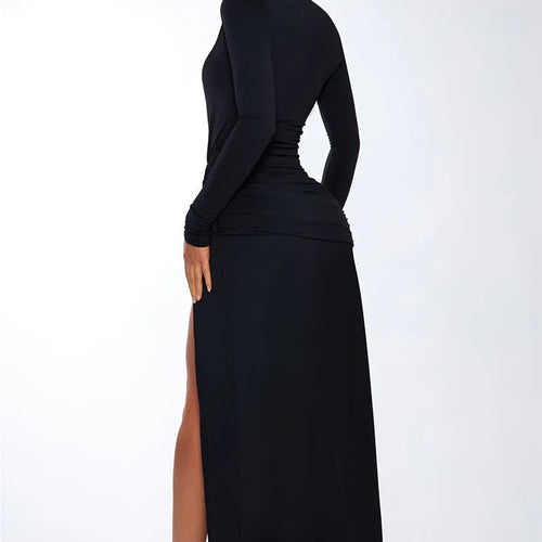 Load image into Gallery viewer, Deep V Neck Long Sleeve Sexy Maxi Dress For Women Autumn Winter New Black Thigh High Split Sexy Club Party Long Dress
