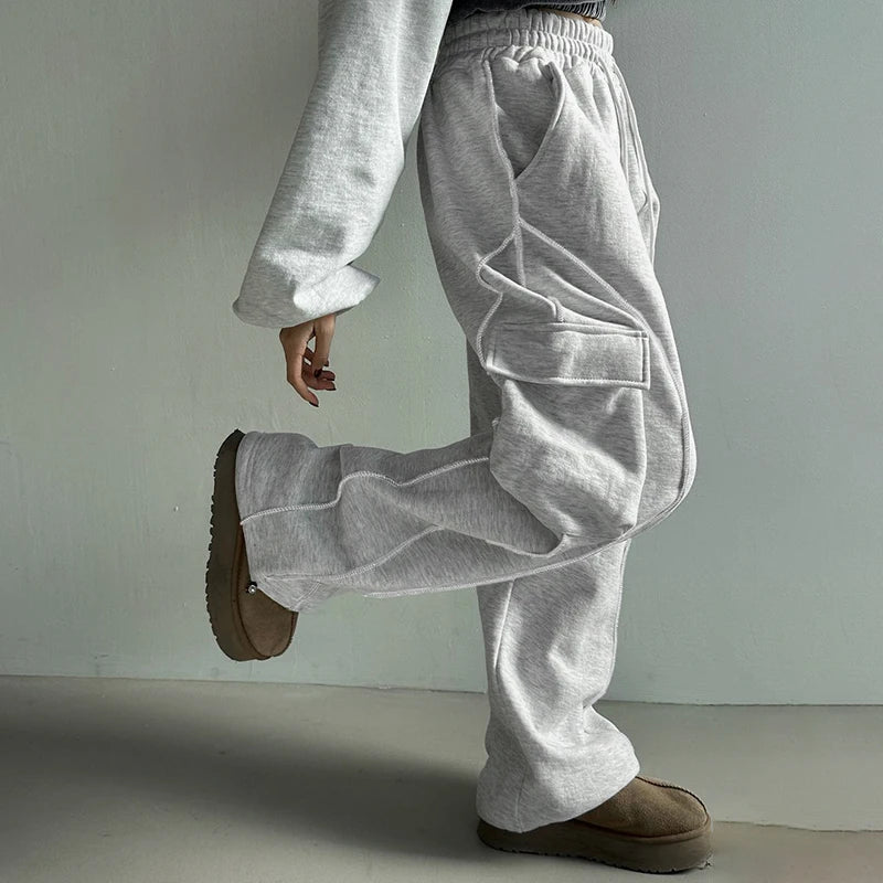 Harajuku Loose Stripe Stitched Baggy Sweatpants Autumn Jogger Pants Pockets Streetwear Cargo Trousers Women Clothing