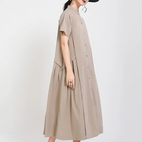 Load image into Gallery viewer, Women Army Green Pleated Elegant Long Shirt Dress New Stand Collar Short Sleeve Fashion Tide Spring Summer 2025 1DE8985
