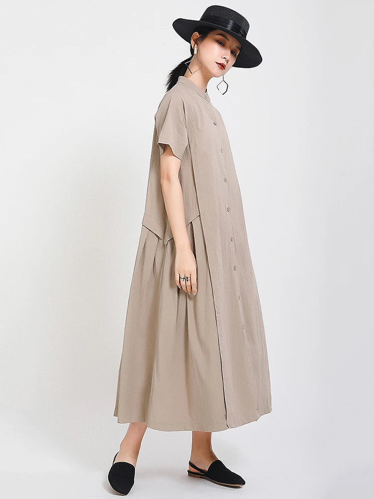 Women Army Green Pleated Elegant Long Shirt Dress New Stand Collar Short Sleeve Fashion Tide Spring Summer 2025 1DE8985