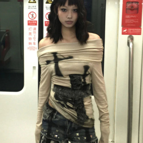 Load image into Gallery viewer, Y2k Aesthetic Off Shoulder Fur Patchwork Sexy T Shirt Harajuku Punk Skull Print Slash Neck Tops Streetwear Fairy Vintage Tees
