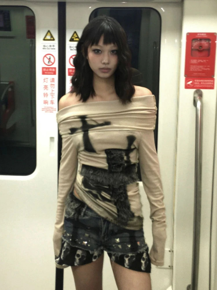 Y2k Aesthetic Off Shoulder Fur Patchwork Sexy T Shirt Harajuku Punk Skull Print Slash Neck Tops Streetwear Fairy Vintage Tees