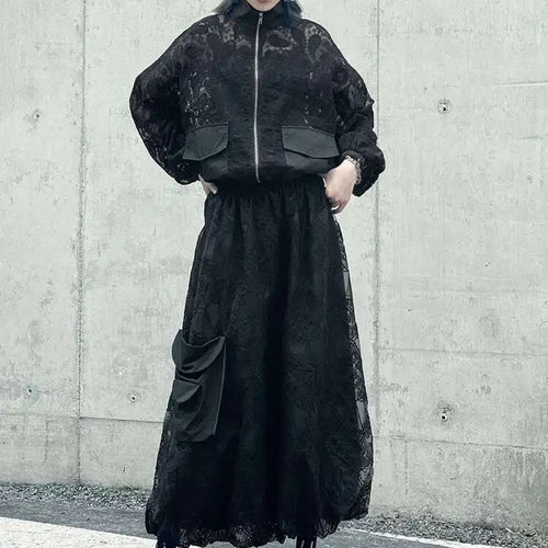 Load image into Gallery viewer, Black Lace Jacket Pocket Skirt Two Pieces Suit New Stand Collar Long Sleeve Women Fashion Tide Spring Autumn 2025 1DJ0248

