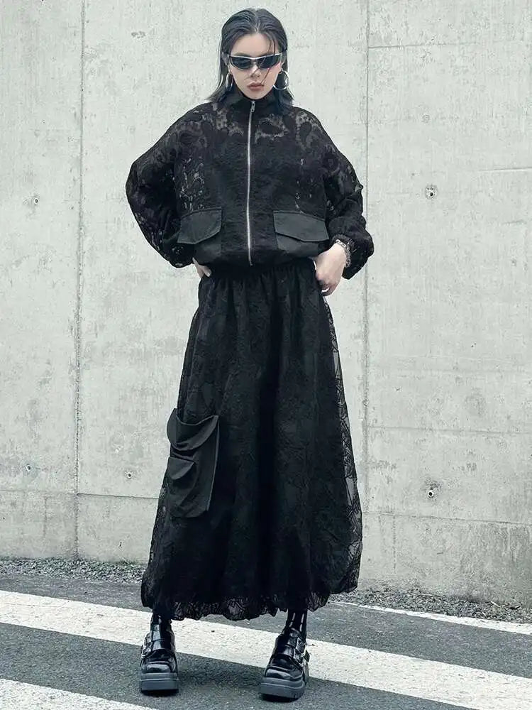 Black Lace Jacket Pocket Skirt Two Pieces Suit New Stand Collar Long Sleeve Women Fashion Tide Spring Autumn 2025 1DJ0248