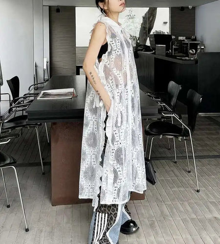 Women White Lace Perspective Ruffles Big Size Shirt Dress New Lapel Sleeveless Fashion Tide Spring Summer 2025 1DH6069