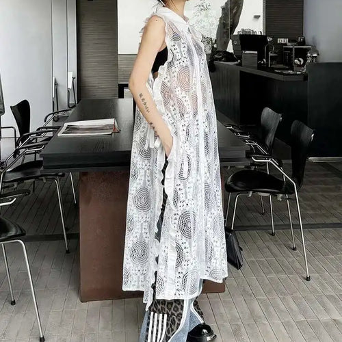 Load image into Gallery viewer, Women White Lace Perspective Ruffles Big Size Shirt Dress New Lapel Sleeveless Fashion Tide Spring Summer 2025 1DH6069

