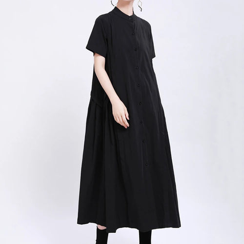 Load image into Gallery viewer, Women Army Green Pleated Elegant Long Shirt Dress New Stand Collar Short Sleeve Fashion Tide Spring Summer 2025 1DE8985

