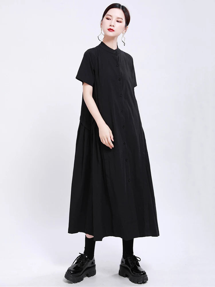 Women Army Green Pleated Elegant Long Shirt Dress New Stand Collar Short Sleeve Fashion Tide Spring Summer 2025 1DE8985