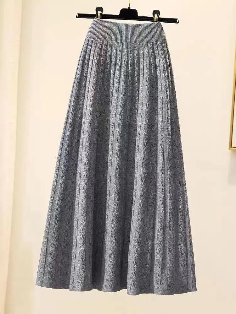 Autumn Winter New Elegant Slim Elastic High Waist A-line Skirt Solid Holiday Striped Big Swing Knitted Skirts Women Popular
