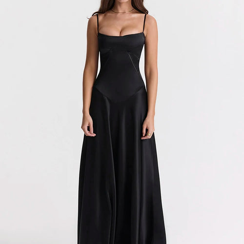 Load image into Gallery viewer, Lace-up Satin Maxi Slipdress Women Black Spaghetti Strap Sleeveless Backless Maxi Dress Femme Club Party Evening Dress
