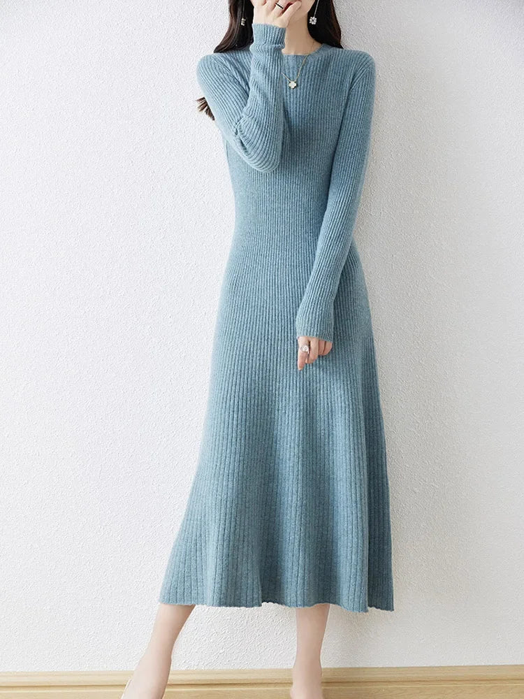 Winter/ Autumn Oneck Female Dresses 100% Wool Knitted Dress For Women 2024 New Arrival  Long Style 6Colors Jumpers