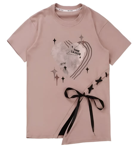 Japanese Woman Tshirts 2023 Ropa Mujer Patchwork Print Bandage Y2k T Shirts Fashion Summer Tees Oversized Tops Sweet T-shirts