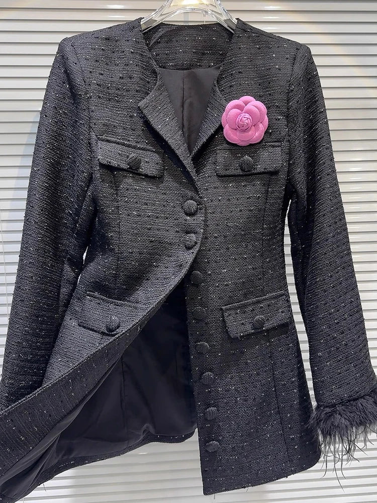 Elegant Spliced Brooch Coats For Women Lapel Long Sleeve Patchwork Single Breasted Temperament Coat Female Fashion