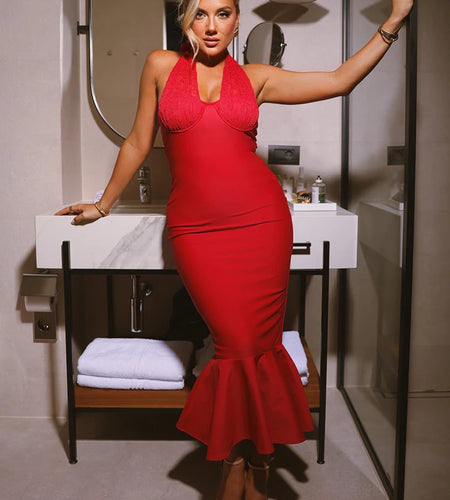 Sleeveless Fishtail Maxi Dress For Women Autumn New Halter Deep V Neck Backless Bodycon Party Sexy Long Dress Elegant