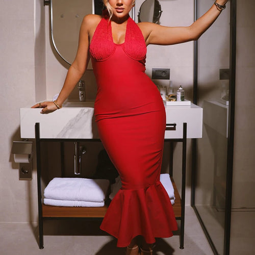 Load image into Gallery viewer, Sleeveless Fishtail Maxi Dress For Women Autumn New Halter Deep V Neck Backless Bodycon Party Sexy Long Dress Elegant
