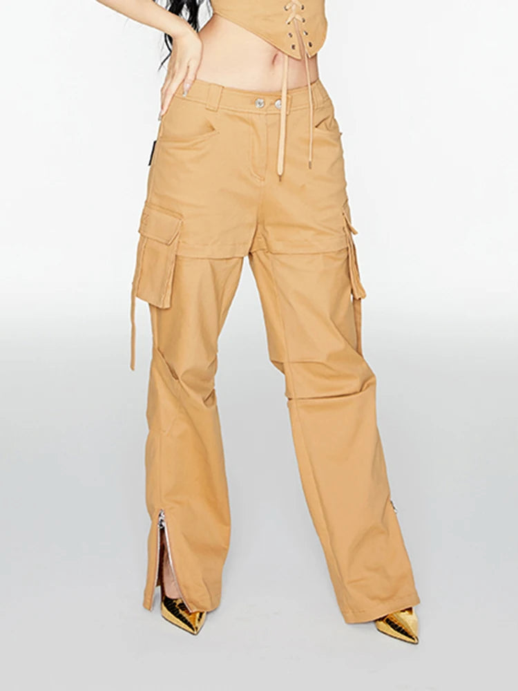 Loose Khaki Wide Leg Pants For Women High Waist Solid Patchwork Pockets Trousers Female Fashion Clothing